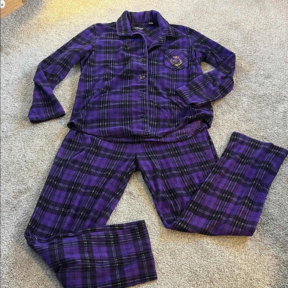 Lauren Ralph Lauren Purple Plaid Gold Crown Crest Fleece Pajama Set COZY!! SzS